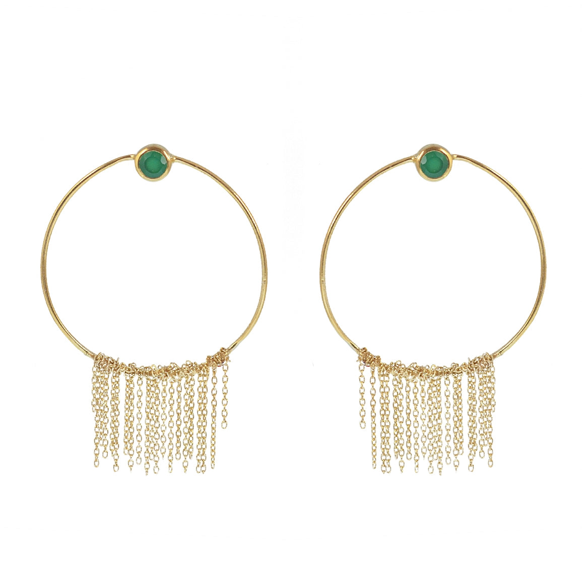 Boucles dorées anneau pierre et chaines - ONYX VERTE