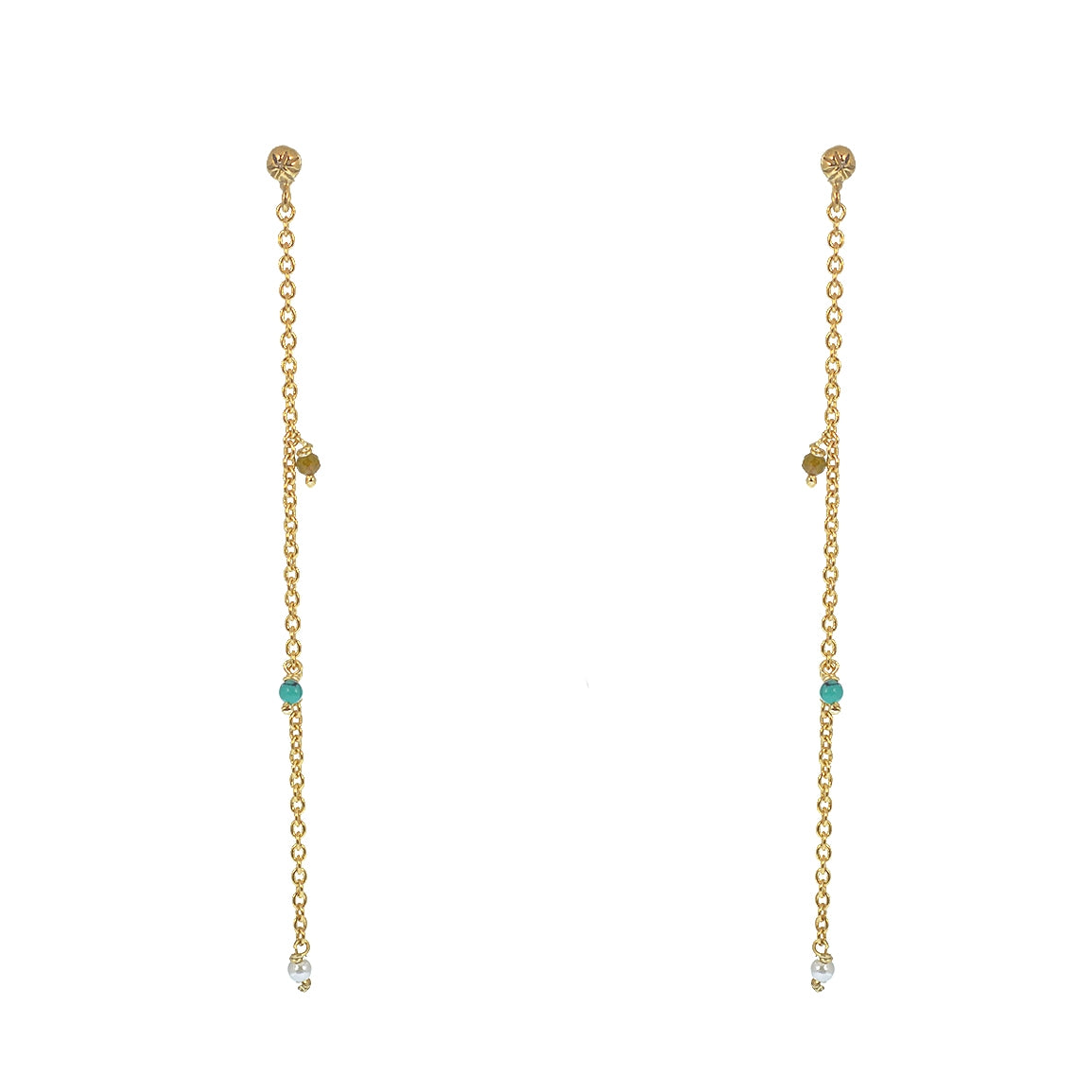 Boucles dorées chaine et pierres - TOURMALINE - TURQUOISE -