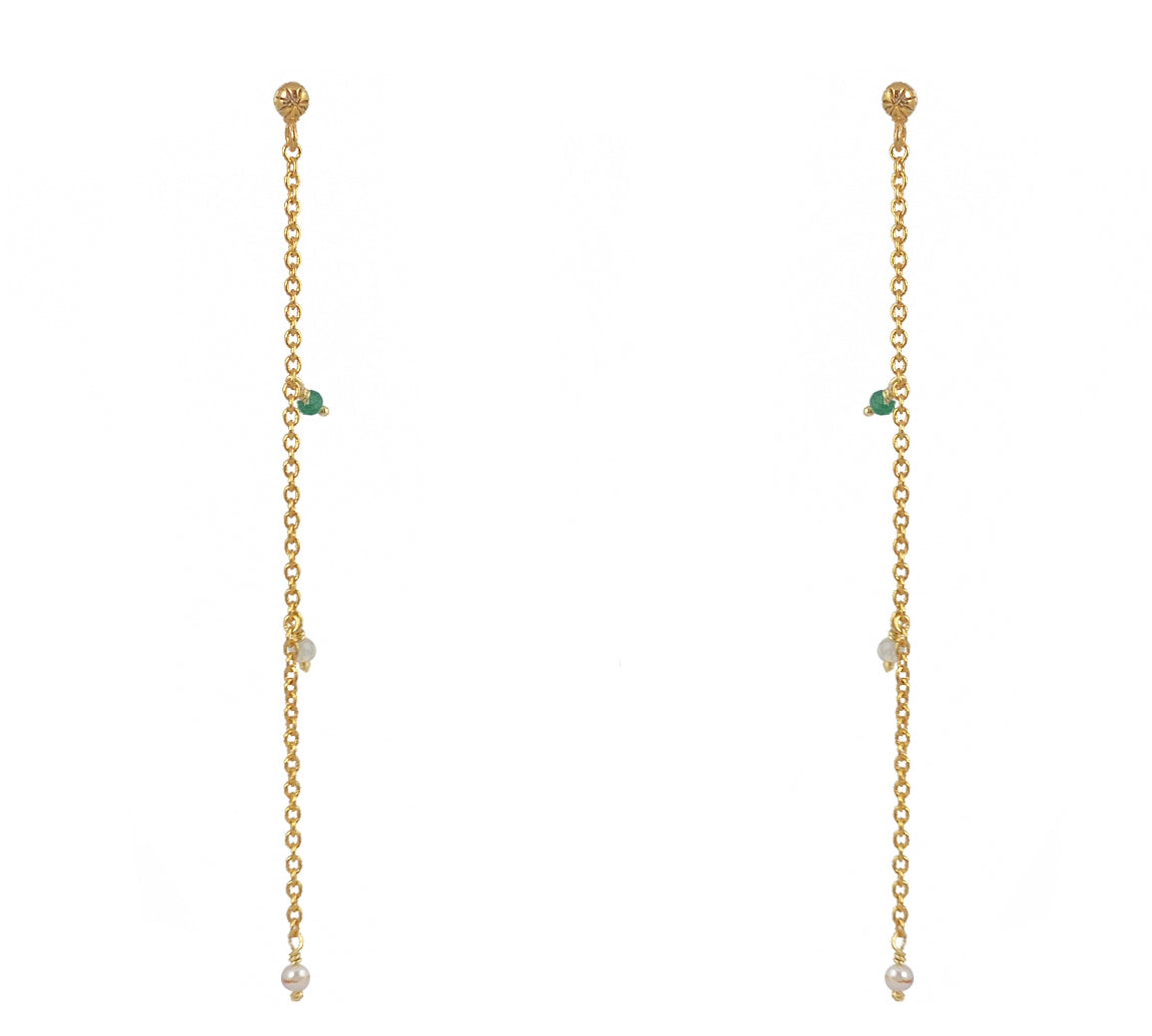 Boucles dorées chaine et pierres - ONYX VERTE - PREHNITE -
