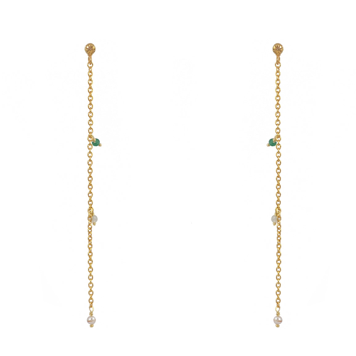 Boucles dorées chaine et pierres - ONYX VERTE - PREHNITE -