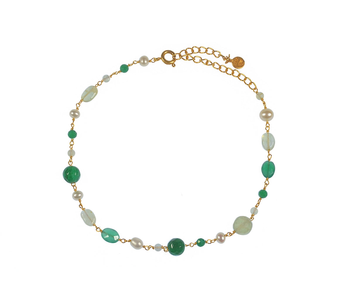 Bracelet de cheville doré et pierres - PREHNITE - ONYX VERTE