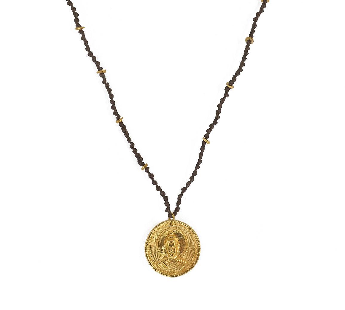 Collier cordon médaille bouddha dorée - CHOCOLAT