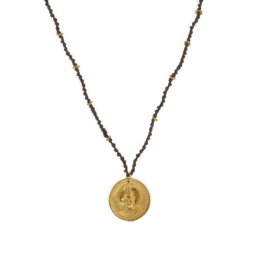 Collier cordon médaille bouddha dorée - CHOCOLAT