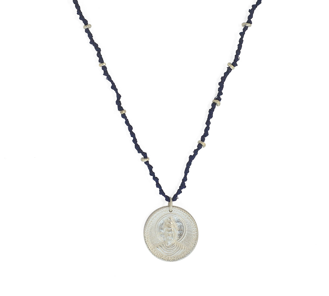 Collier cordon bleu marine médaille bouddha argent 925 -