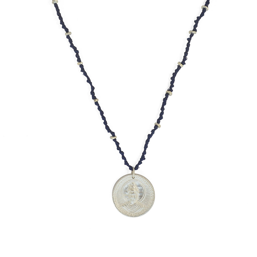 Collier cordon bleu marine médaille bouddha argent 925 -