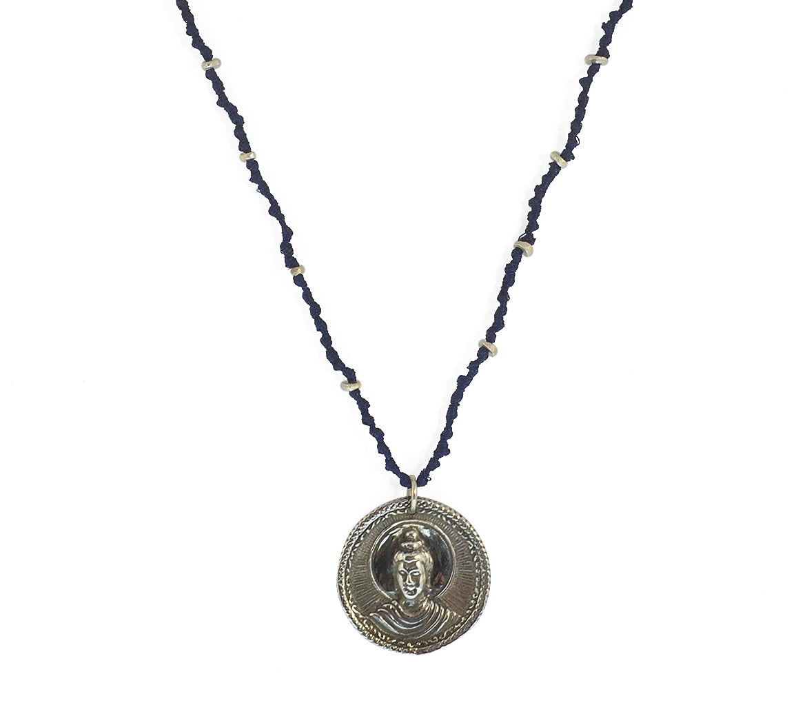 Collier cordon bleu marine médaille bouddha argent 925 -