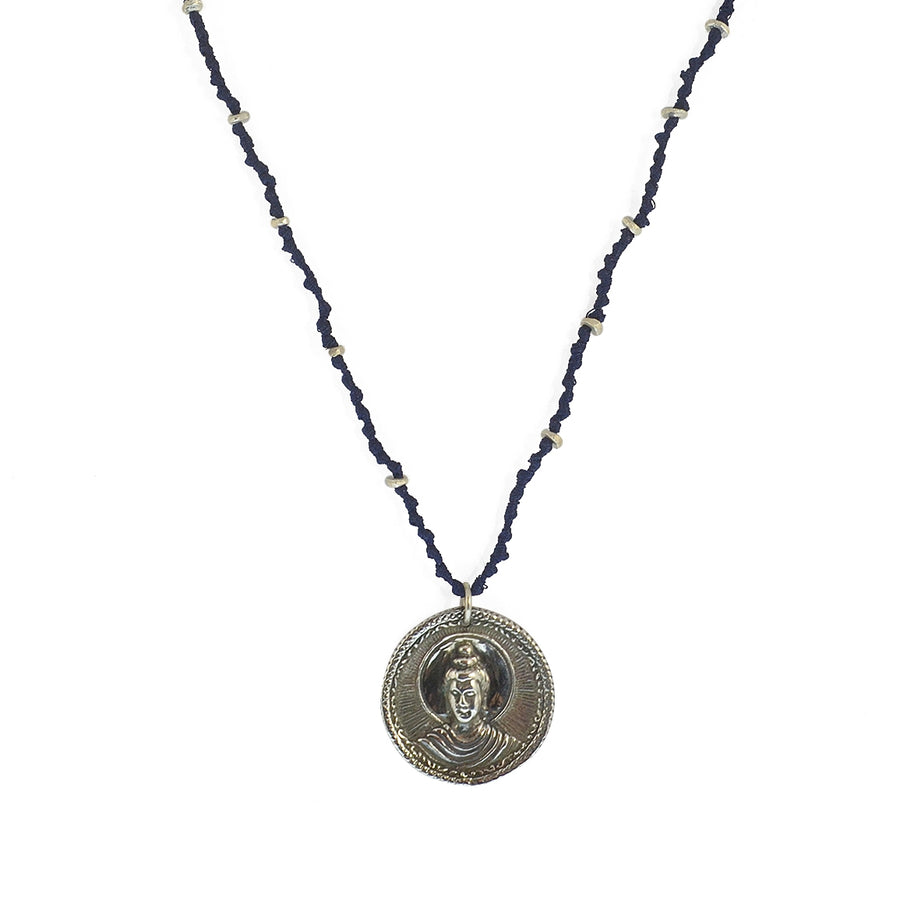 Collier cordon bleu marine médaille bouddha argent 925 -