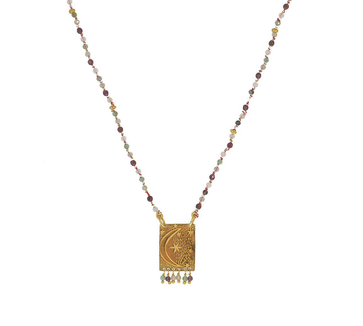 Collier cordon pierres plaque astres et pampilles - GRENAT -