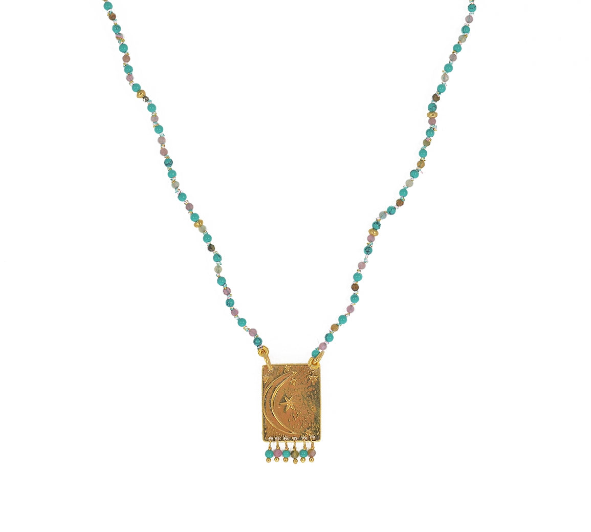 Collier cordon pierres plaque astres et pampilles -