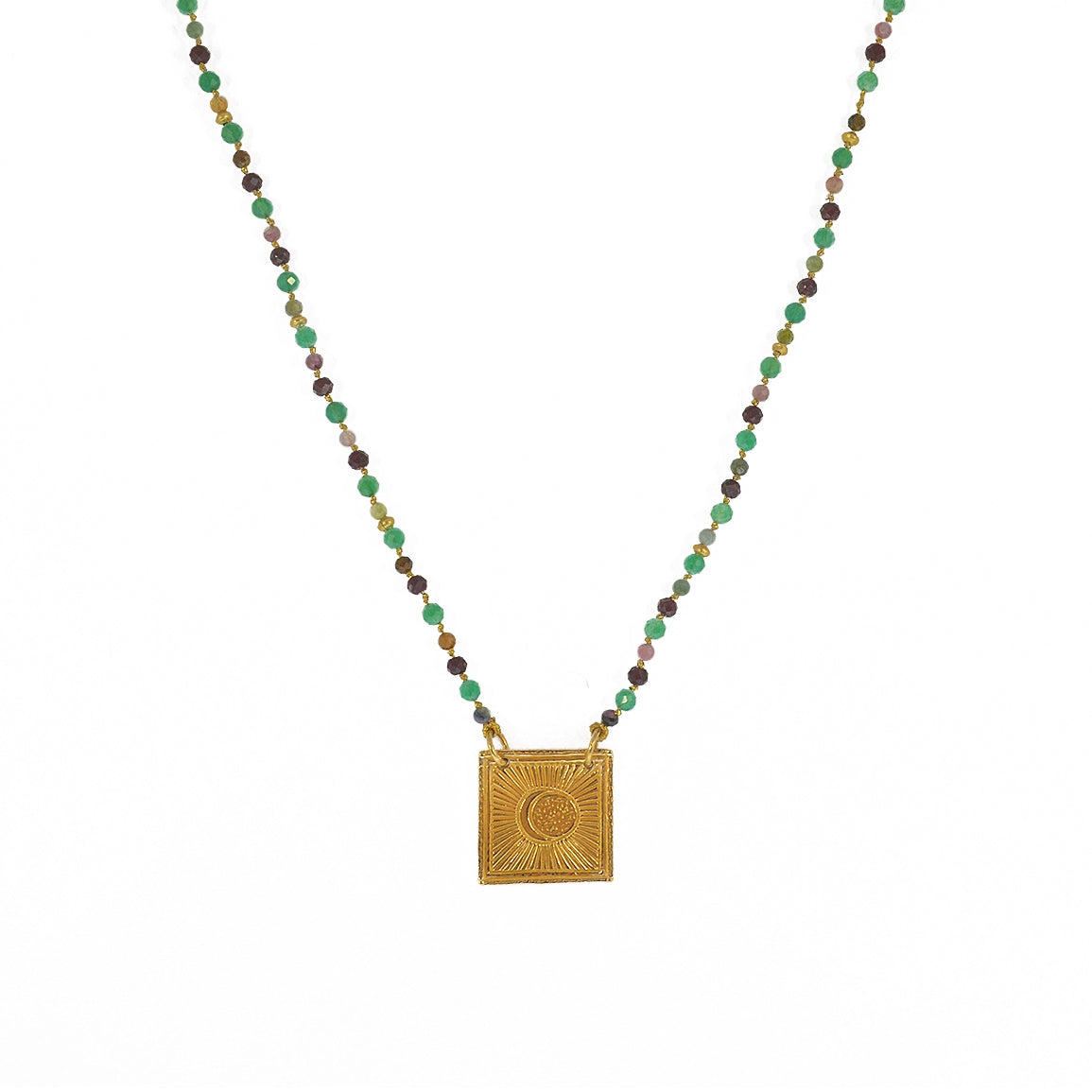 Collier cordon doré pierres et plaque soleil - GRENAT - ONYX