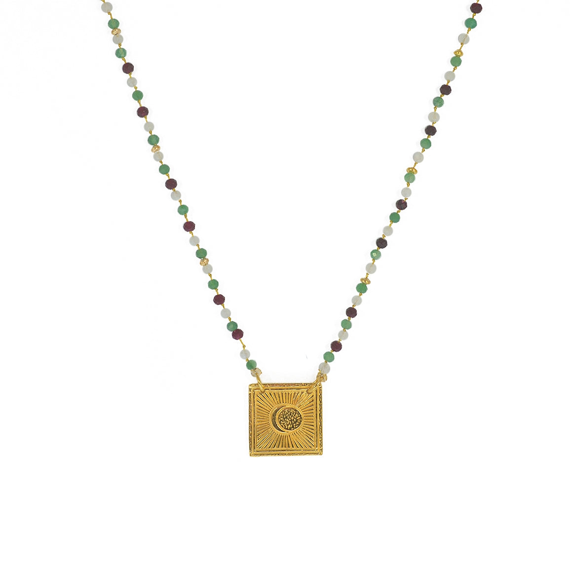Collier cordon doré pierres et plaque soleil - GRENAT -