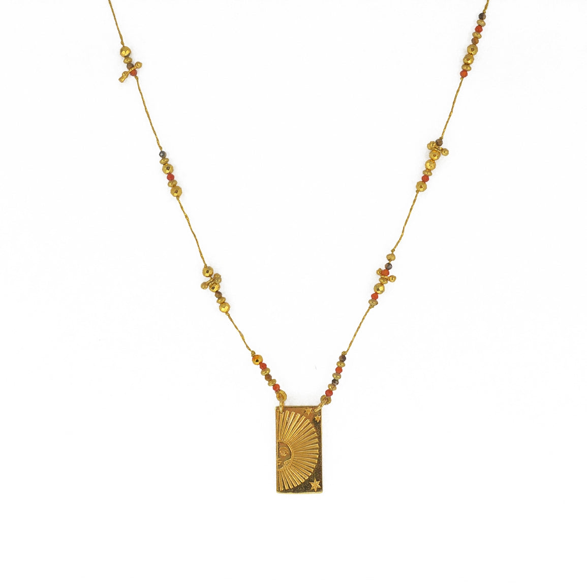 Collier doré multi pierres et pendentif plaque demi soleil -