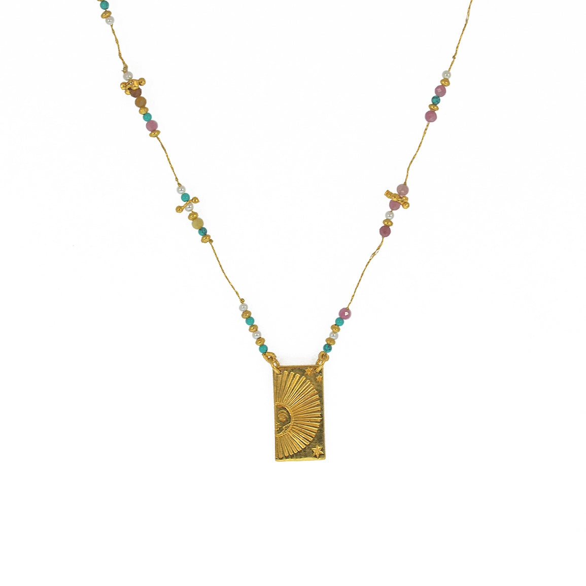 Collier doré multi pierres et pendentif plaque demi soleil -