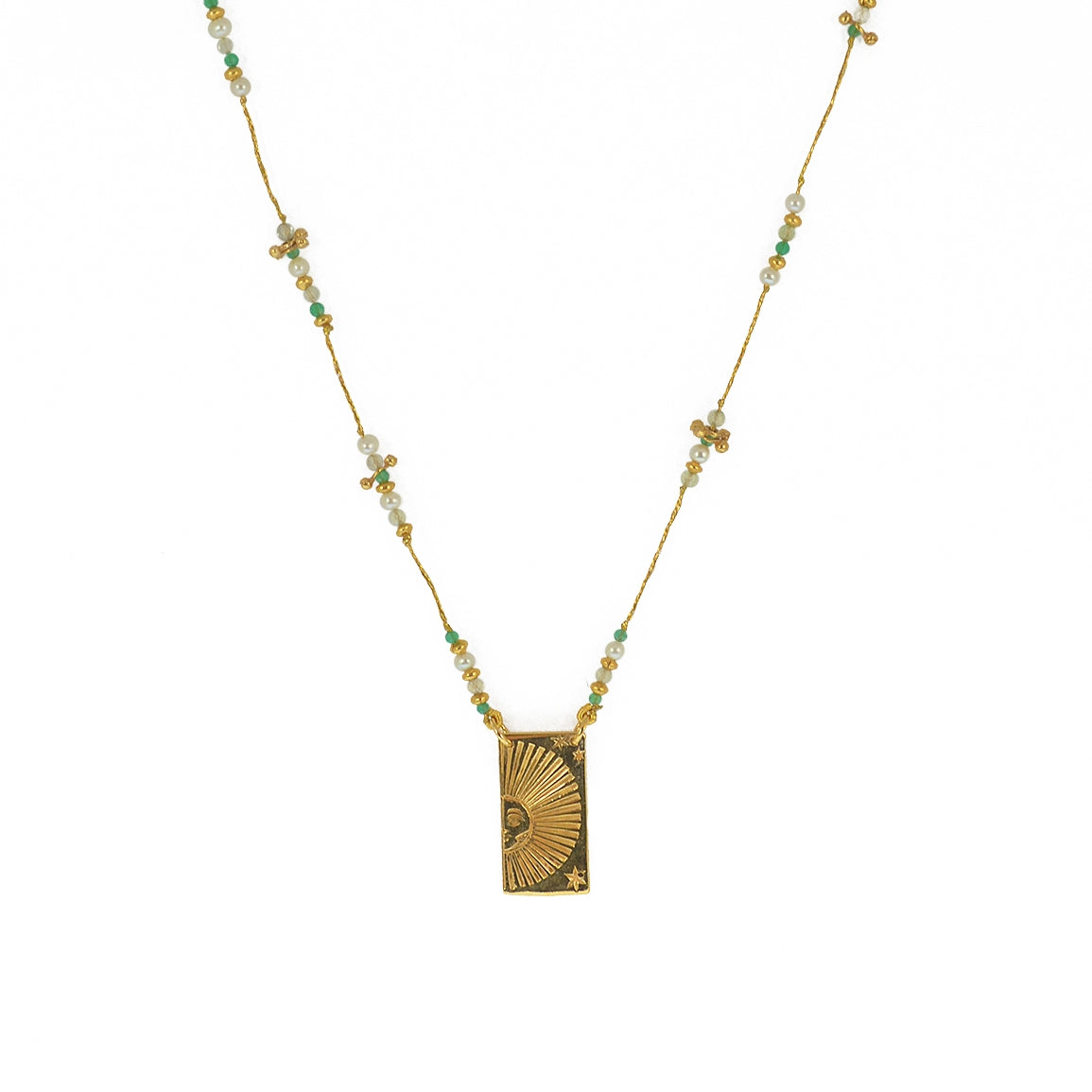 Collier doré multi pierres et pendentif plaque demi soleil -
