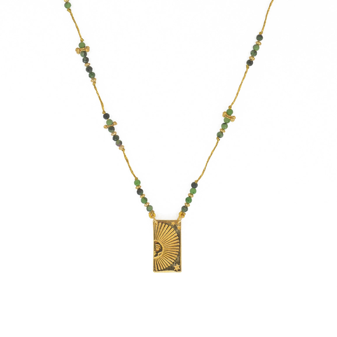 Collier doré multi pierres et pendentif plaque demi soleil -