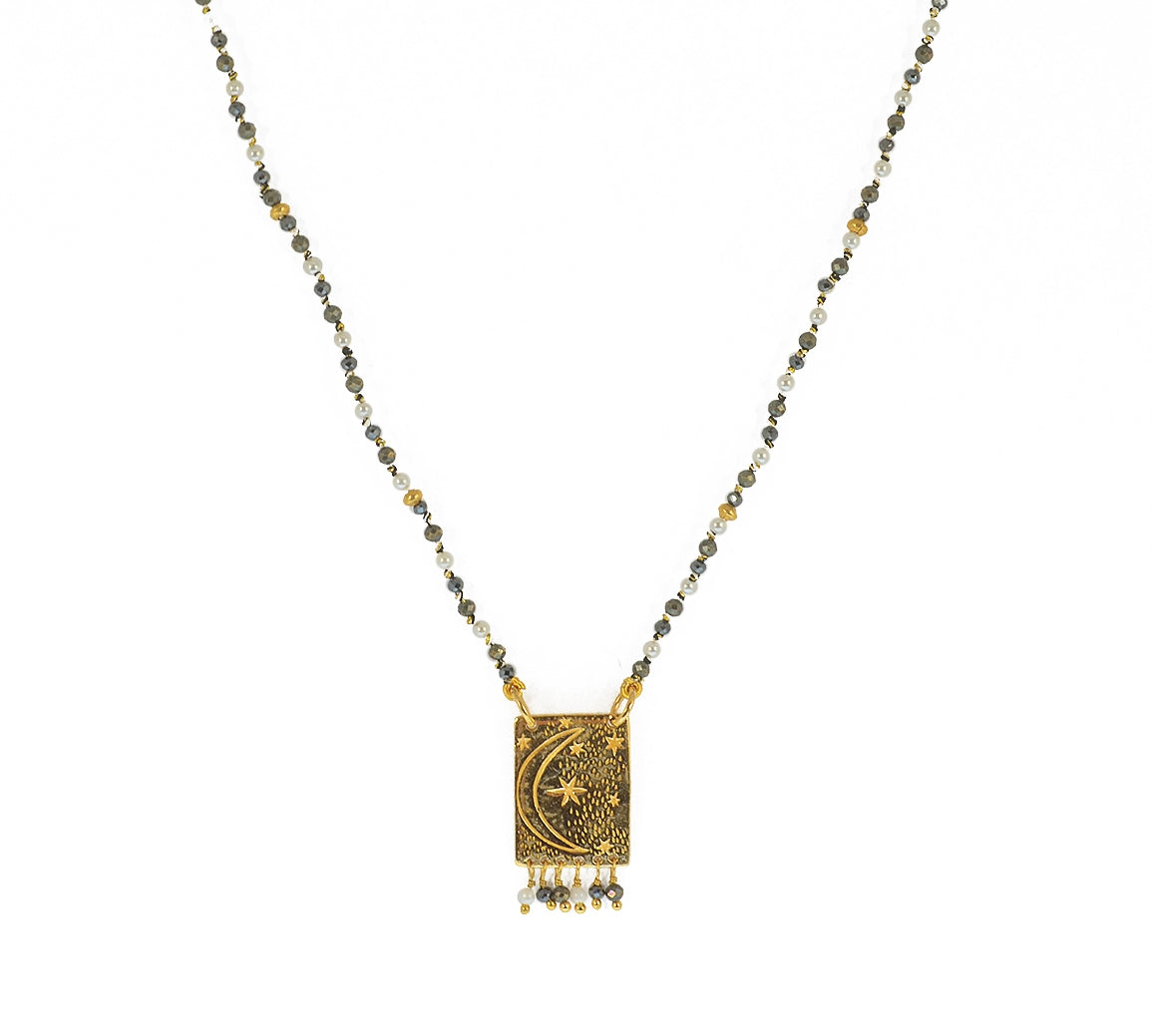 Collier cordon pierres plaque astres et pampilles - PYRITE -