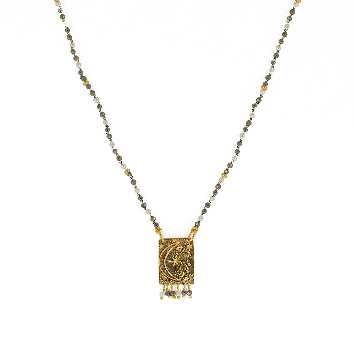 Collier cordon pierres plaque astres et pampilles - PYRITE -
