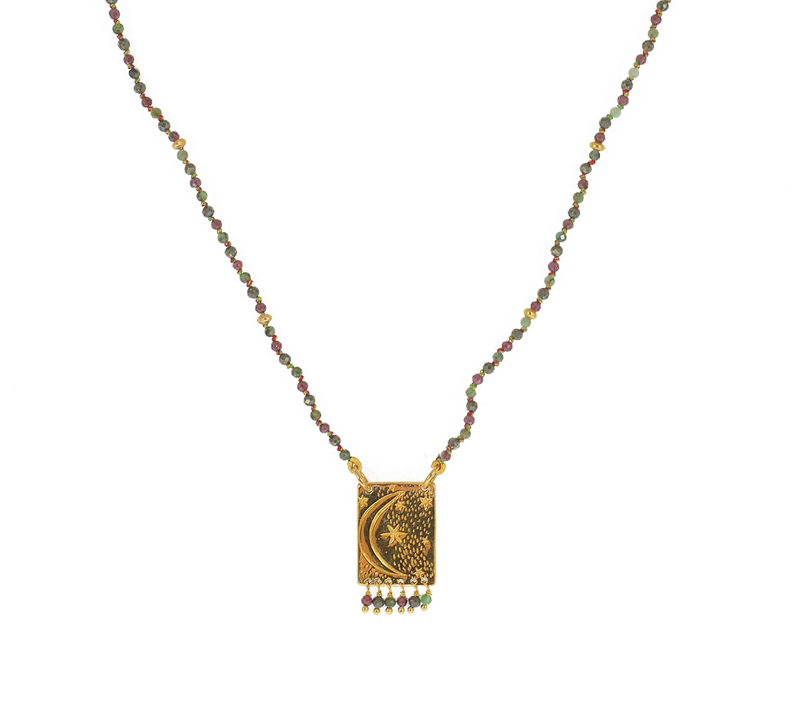 Collier cordon pierres plaque astres et pampilles - GRENAT -