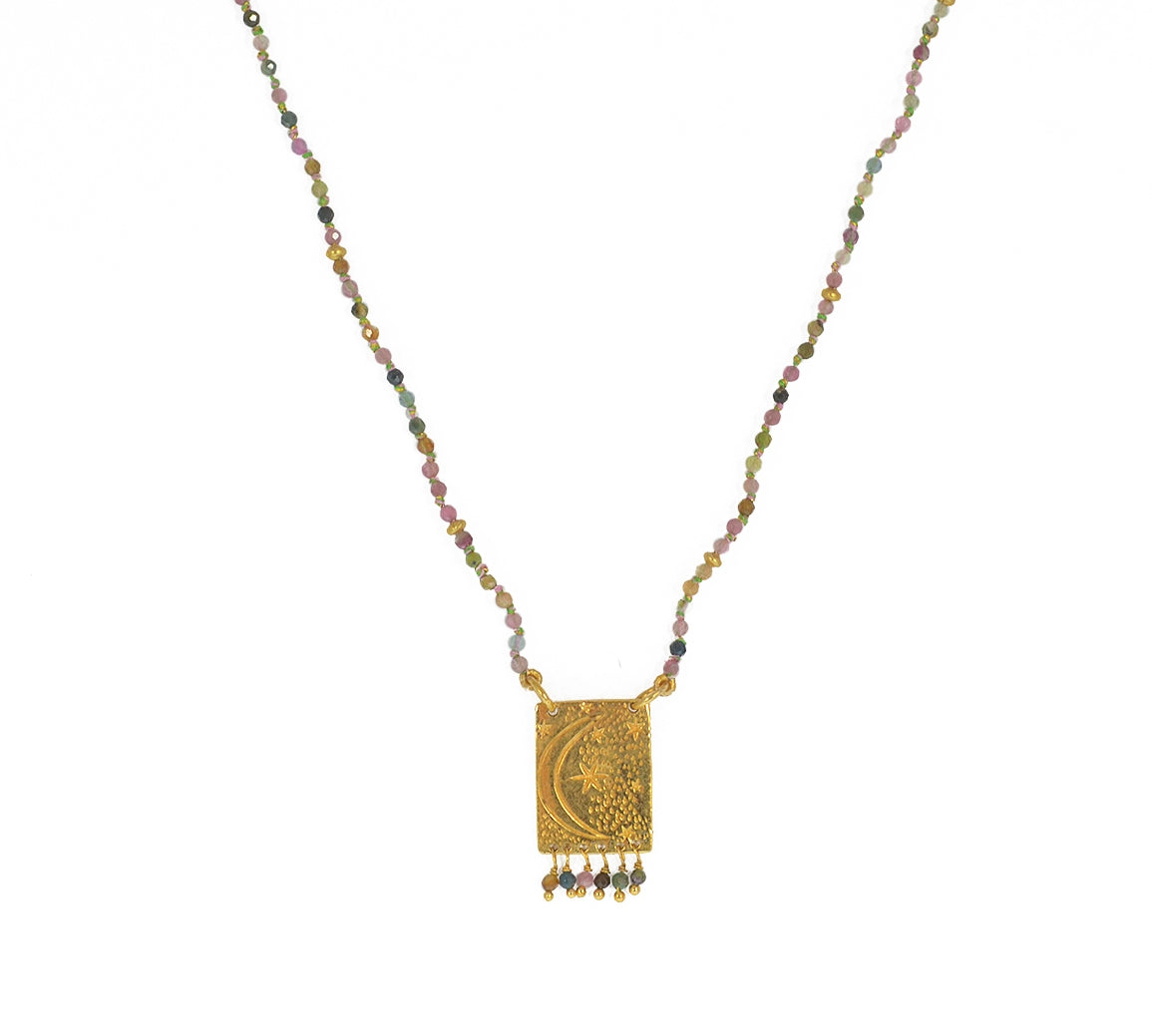 Collier cordon pierres plaque astres et pampilles -