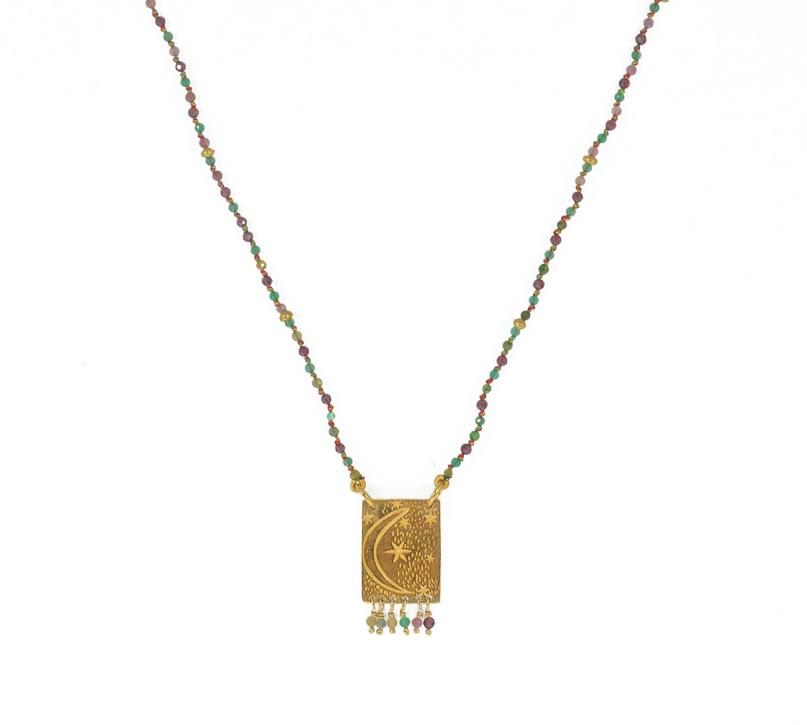 Collier cordon pierres plaque astres et pampilles - GRENAT -