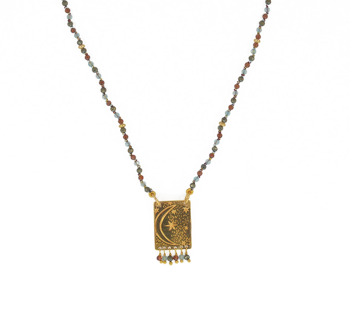 Collier cordon pierres plaque astres et pampilles - PYRITE -