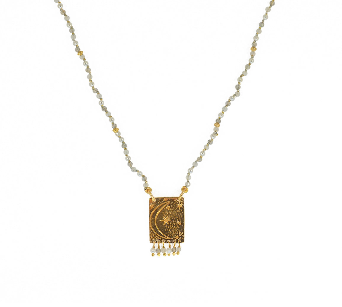 Collier cordon pierres plaque astres et pampilles -