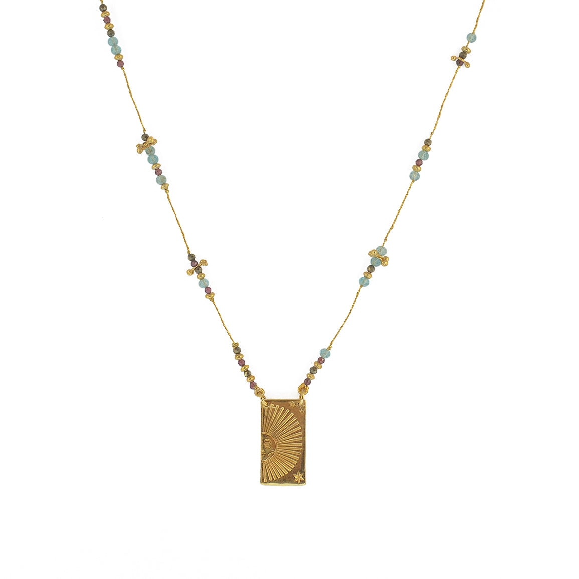 Collier doré multi pierres et pendentif plaque demi soleil -