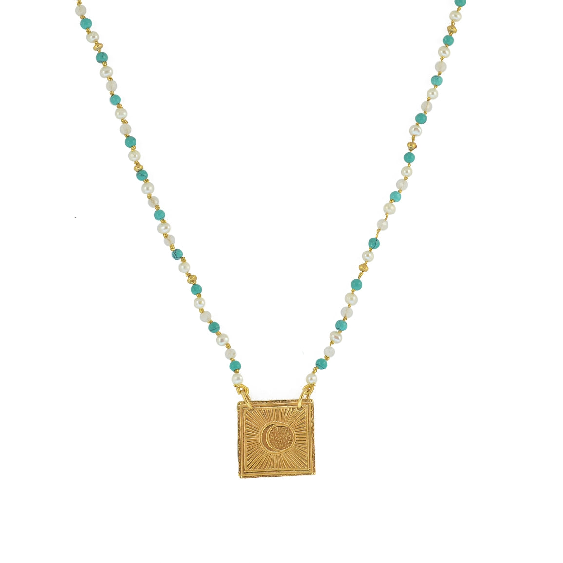 Collier cordon doré pierres et plaque soleil - TURQUOISE -