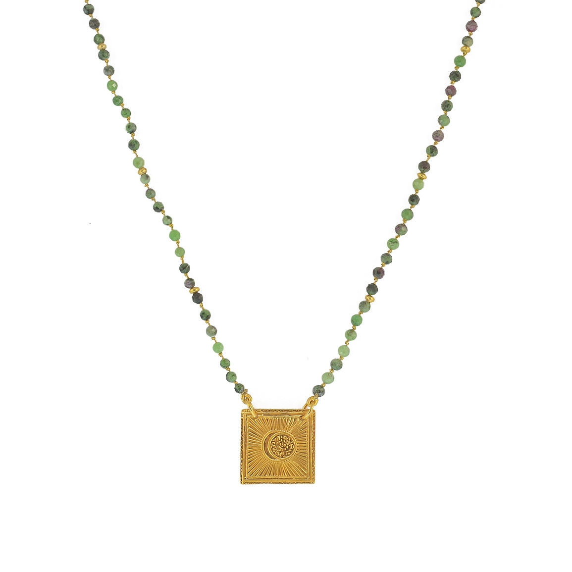 Collier cordon doré pierres et plaque soleil - RUBIS ZOISITE