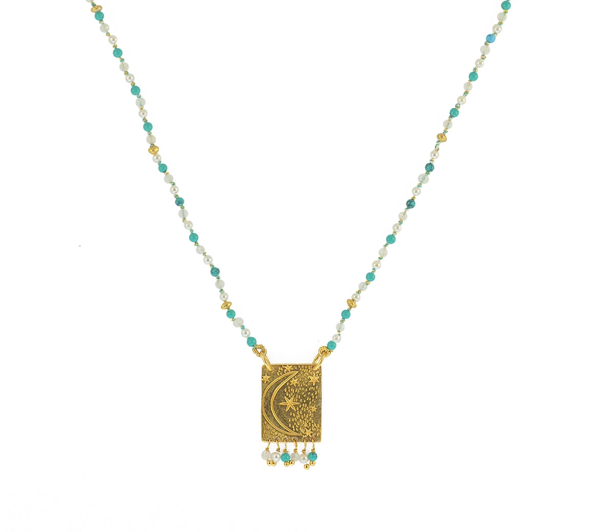Collier cordon pierres plaque astres et pampilles -