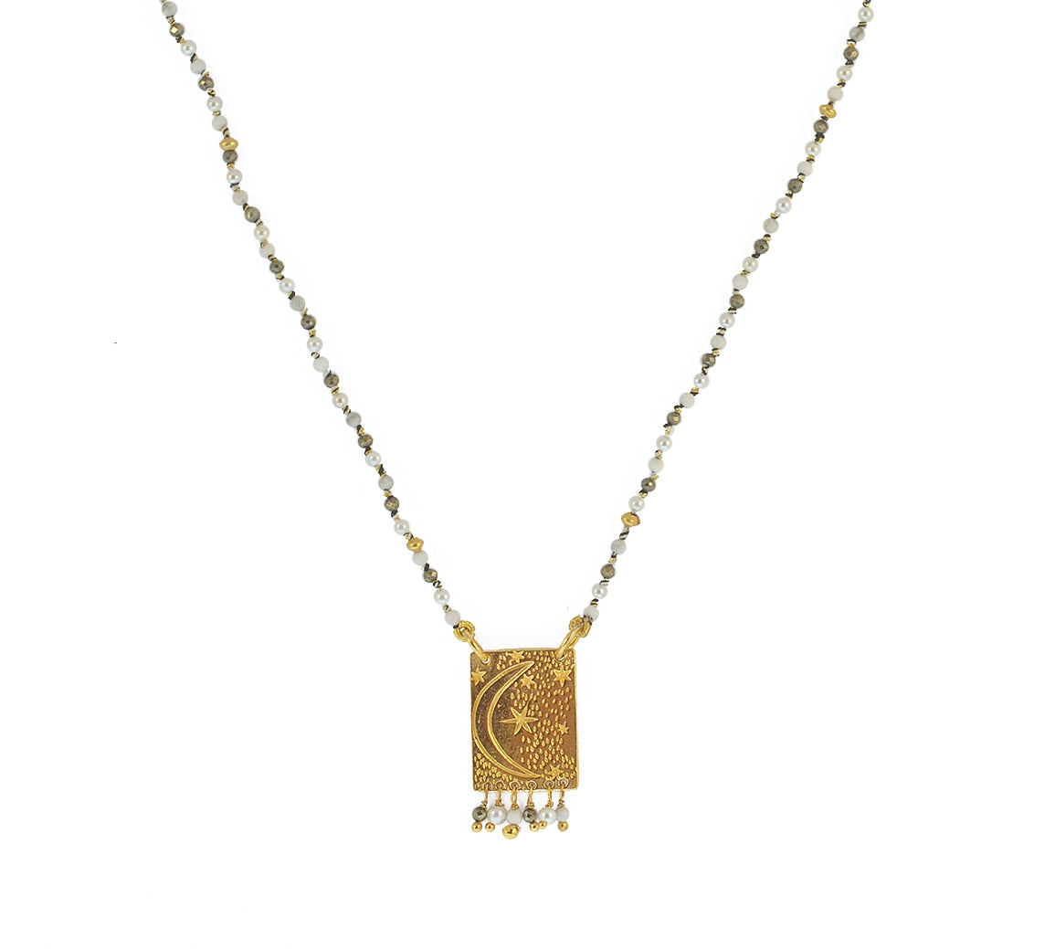 Collier cordon pierres plaque astres et pampilles - PYRITE