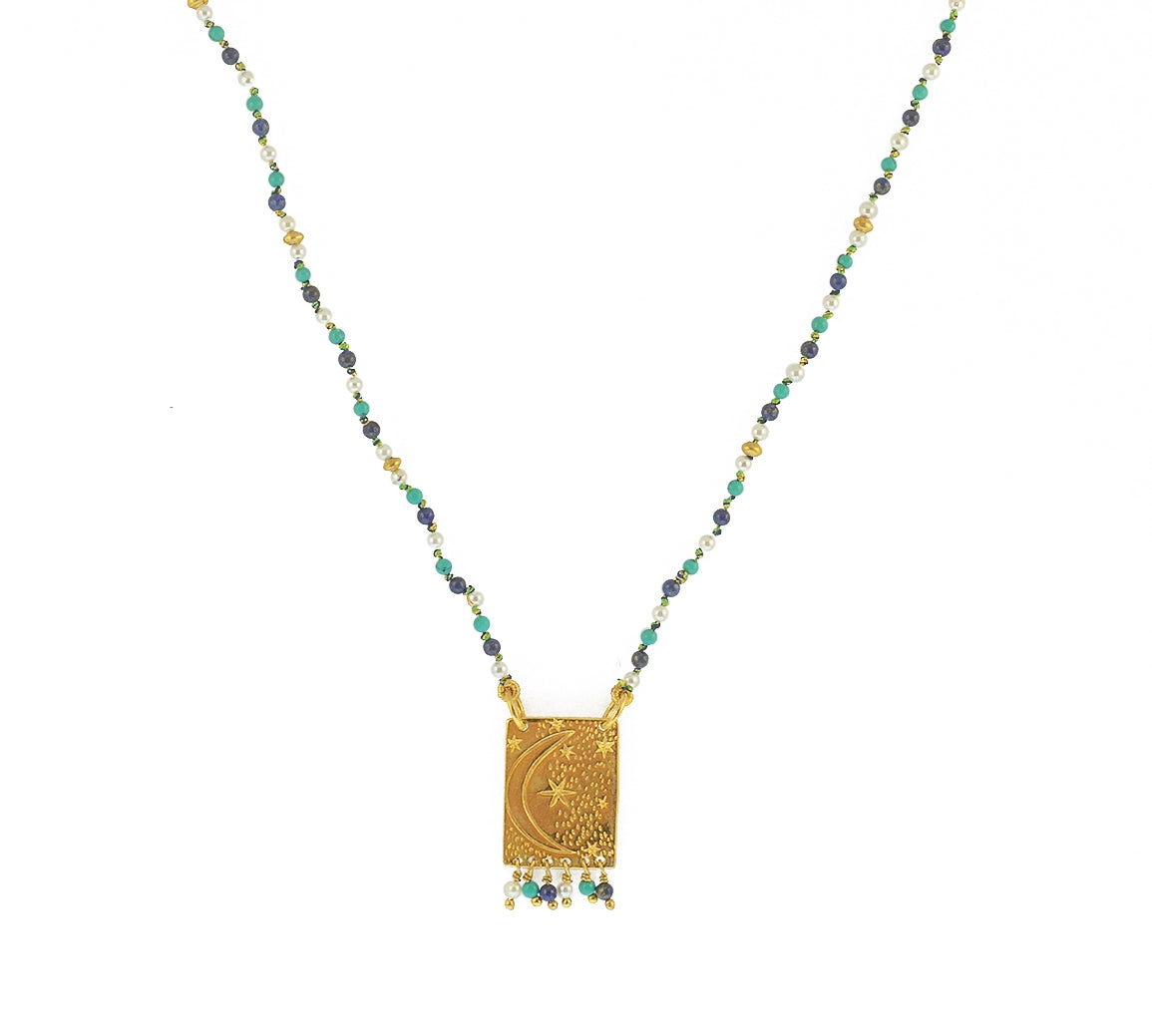 Collier cordon pierres plaque astres et pampilles -