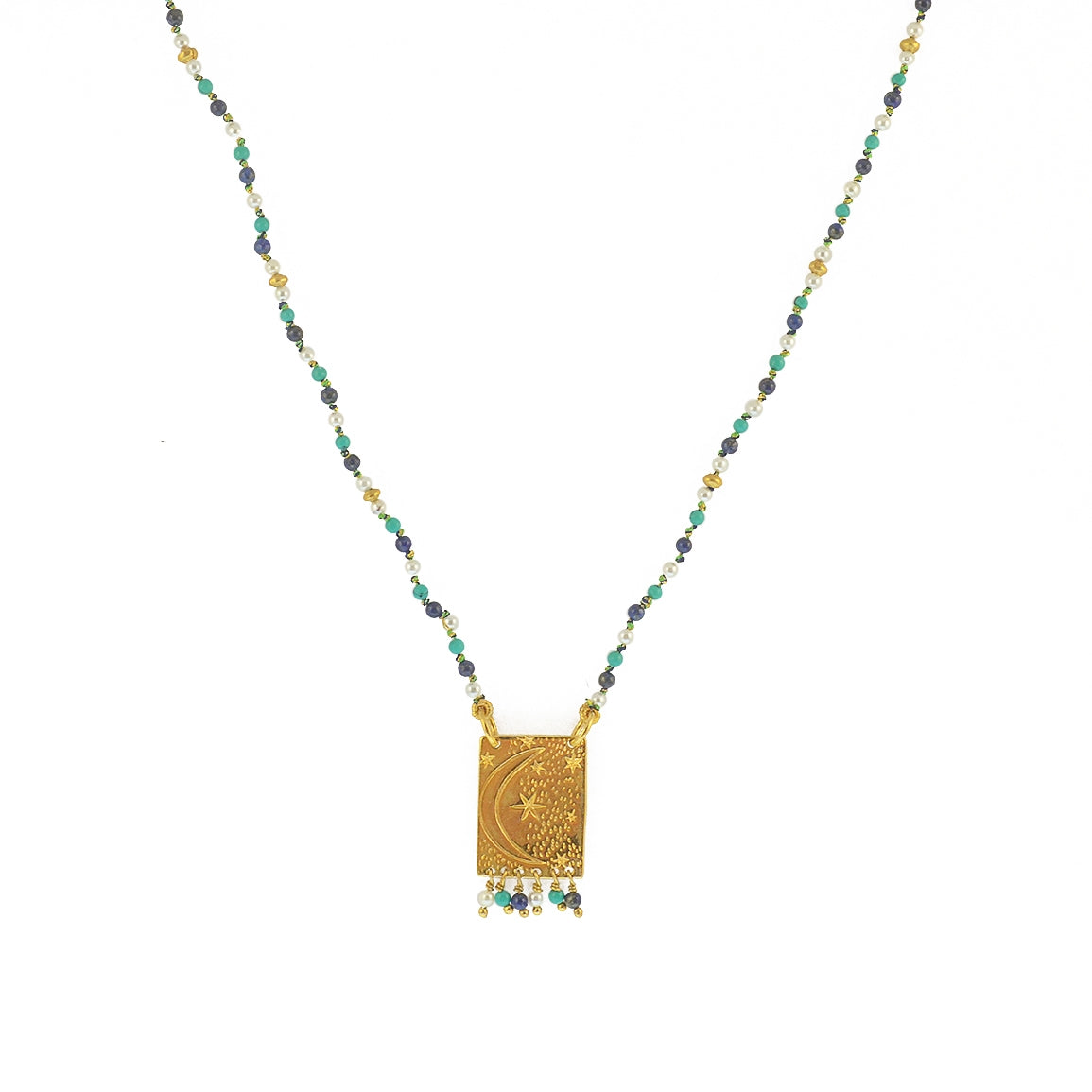 Collier cordon pierres plaque astres et pampilles -