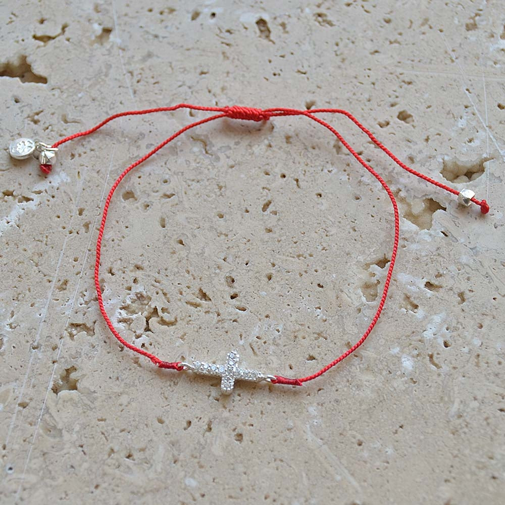 Bracelet tressé coloré croix argent 925 et zircons - ROUGE