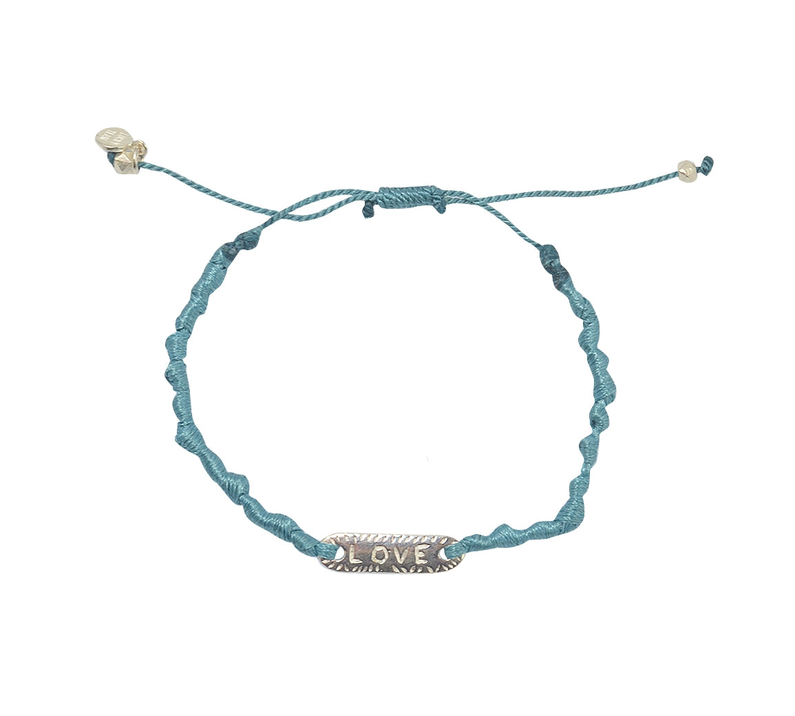 Bracelet cordon et plaque Love / Lucky argent 925 - BLEU