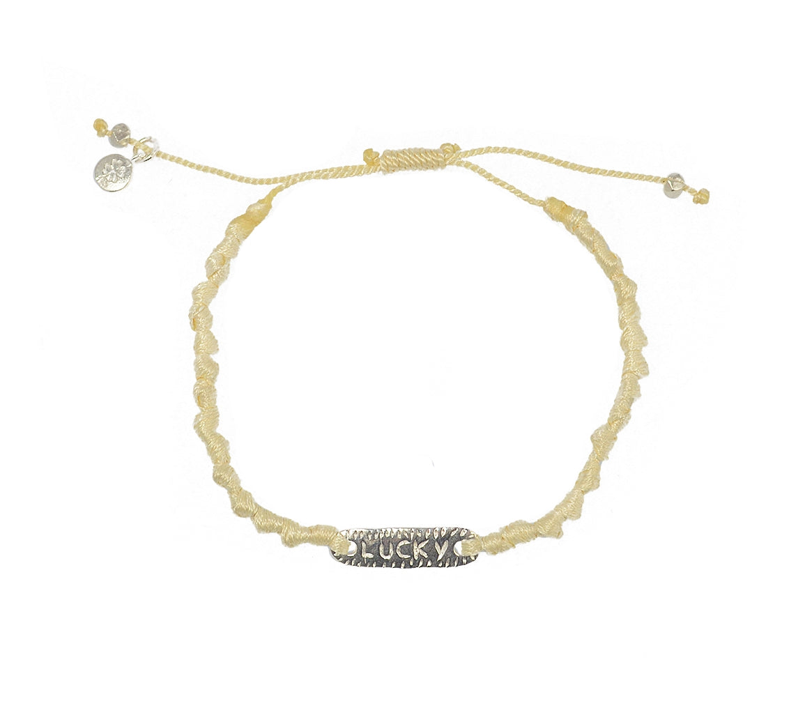 Bracelet cordon et plaque Love / Lucky argent 925 - BEIGE