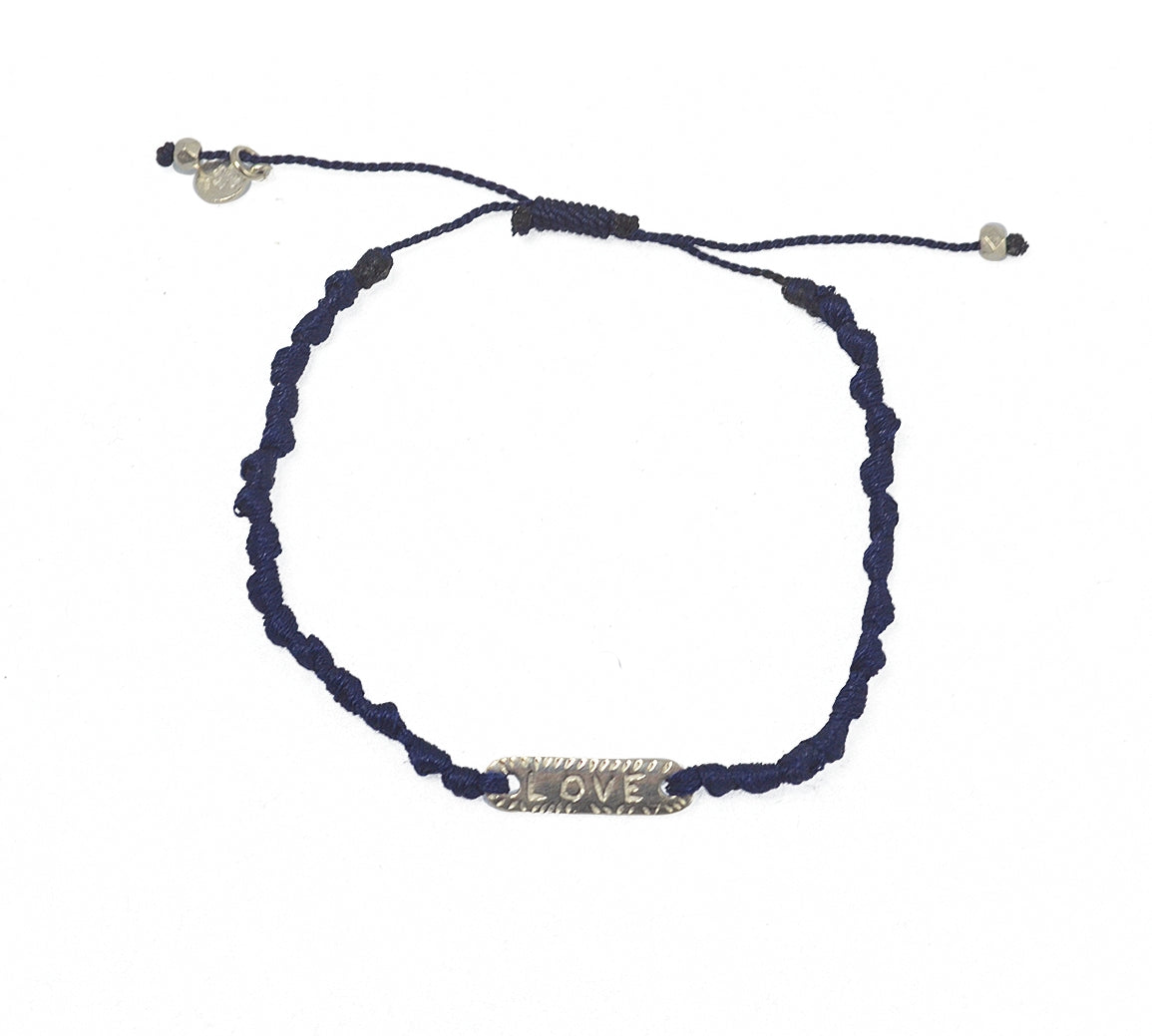 Bracelet cordon et plaque Love / Lucky argent 925 - BLEU