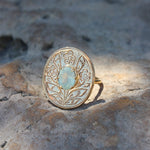 Bague dorée gravée fleur et pierre - 52 / PREHNITE