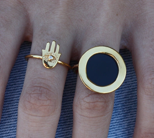 Bague dorée pierre ronde plate - 50 / ONYX NOIRE