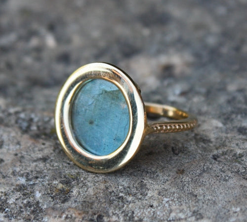 Bague dorée pierre ronde plate - 50 / LABRADORITE