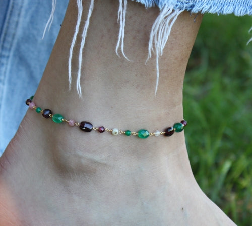 Bracelet de cheville doré et pierres - GRENAT - ONYX VERTE -