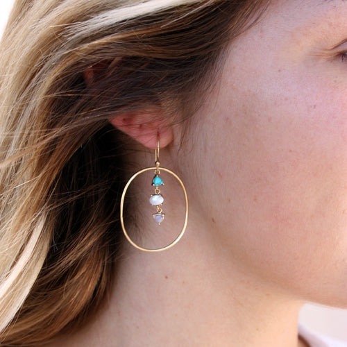 Boucles dorées anneau et multi pierres - TURQUOISE - PERLE -