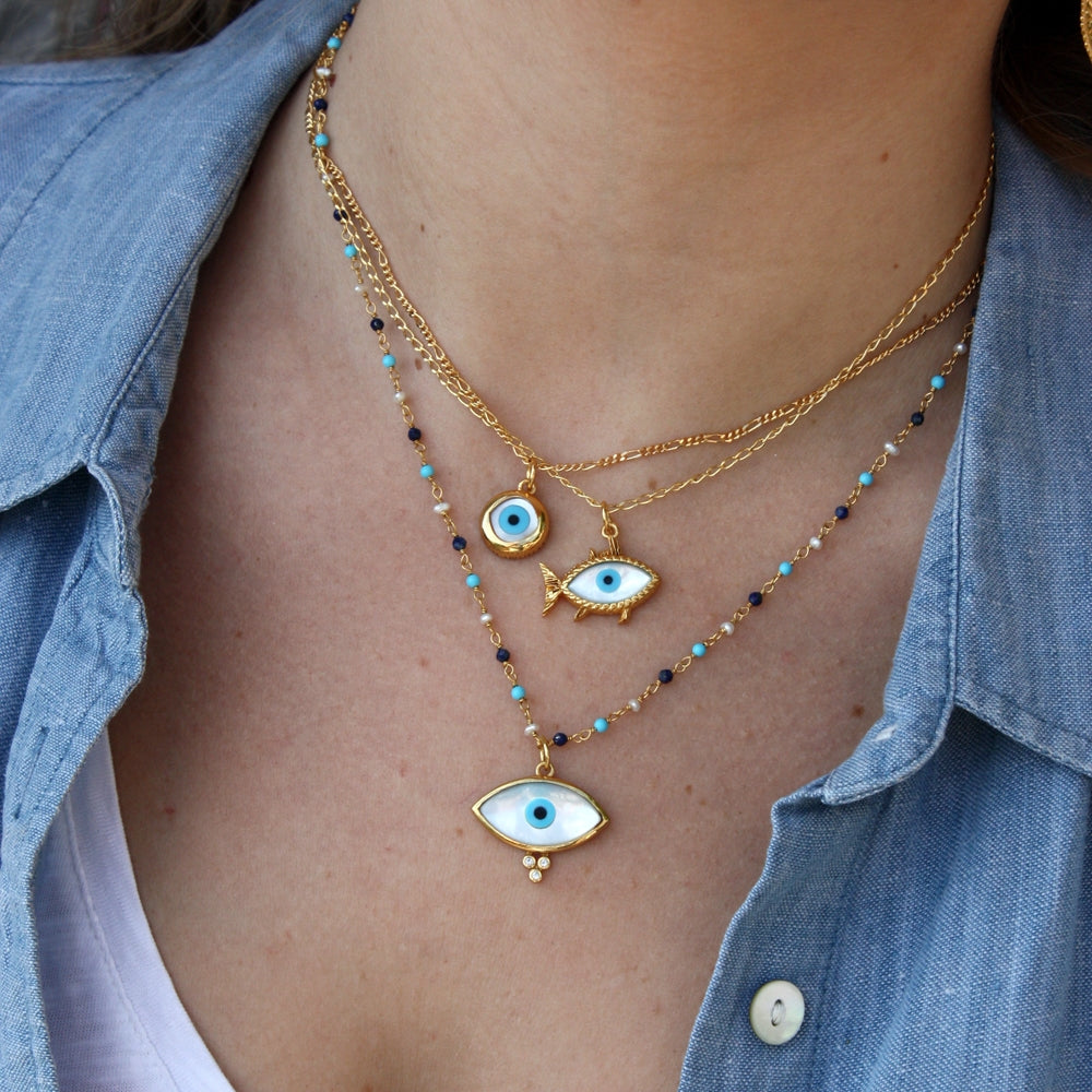Collier doré Santa Maria en Lapis Lazulis Turquoise et Perle
