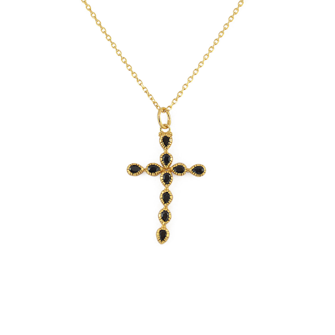 Collier doré croix et pierres gouttes - ONYX NOIRE
