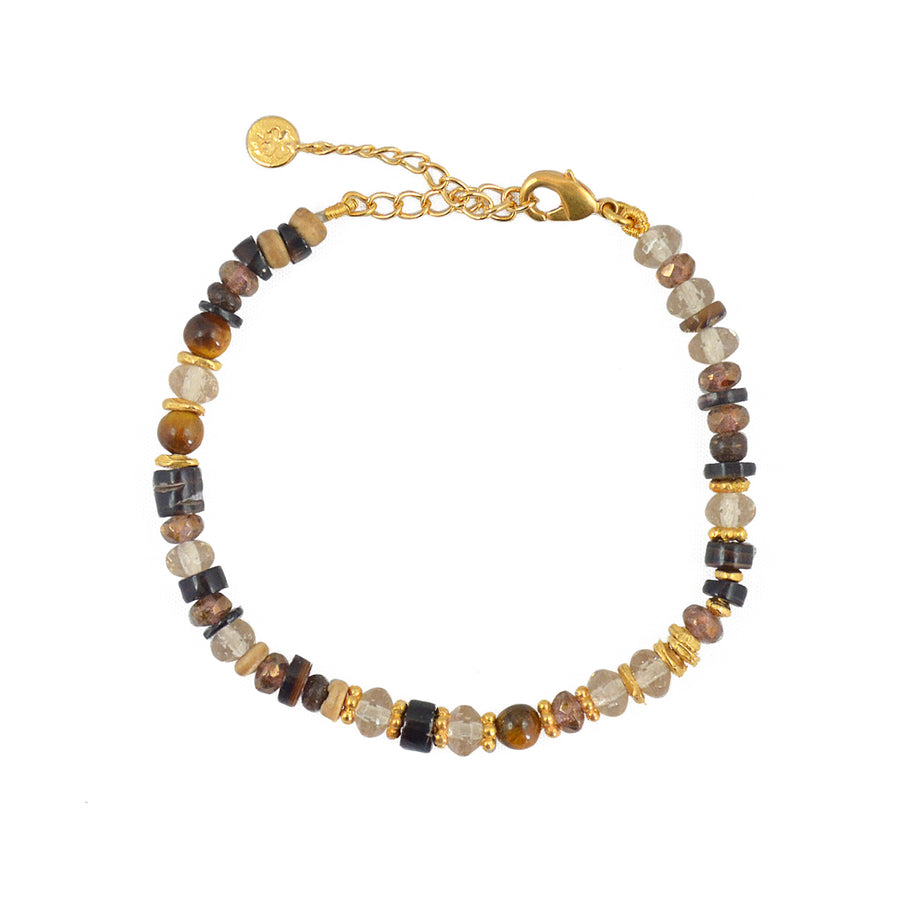 Bracelet pierres naturelles et disques dorés - MIX MARRON