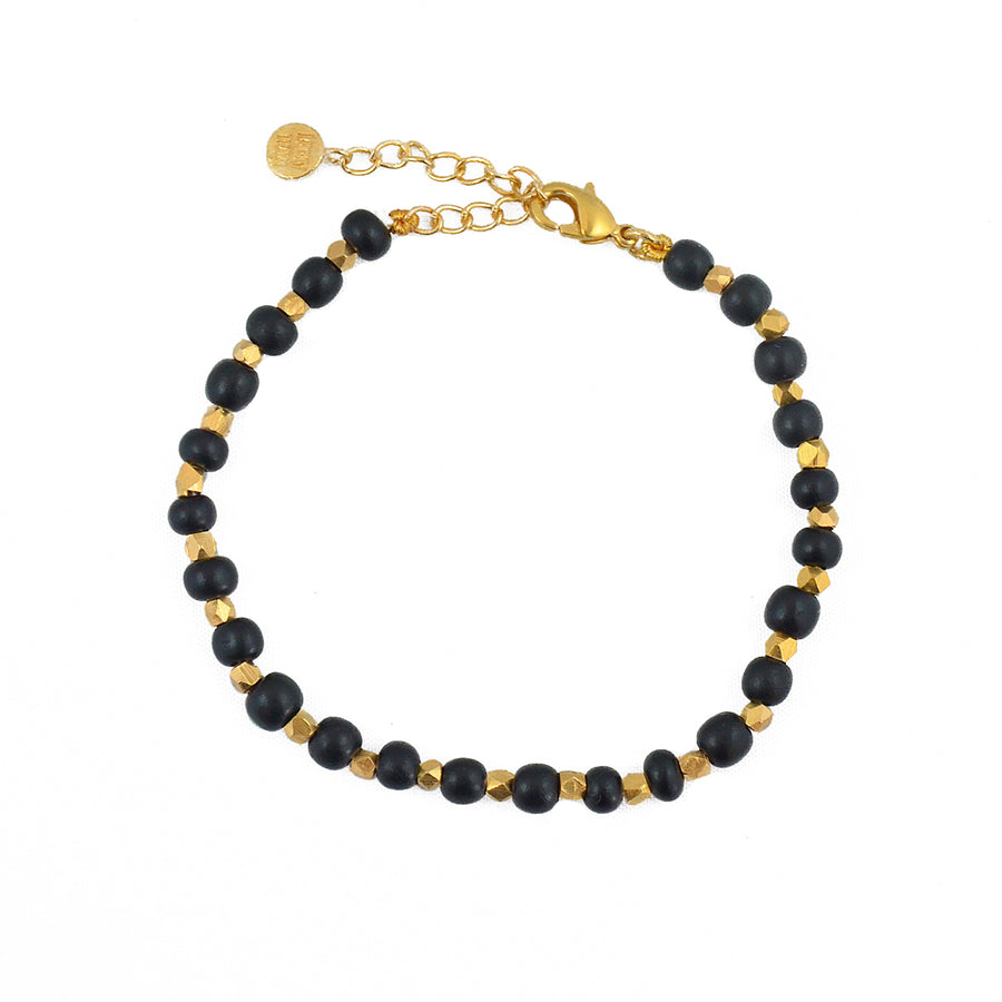 Bracelet perles dorées et pierres facettées - AGATE NOIRE