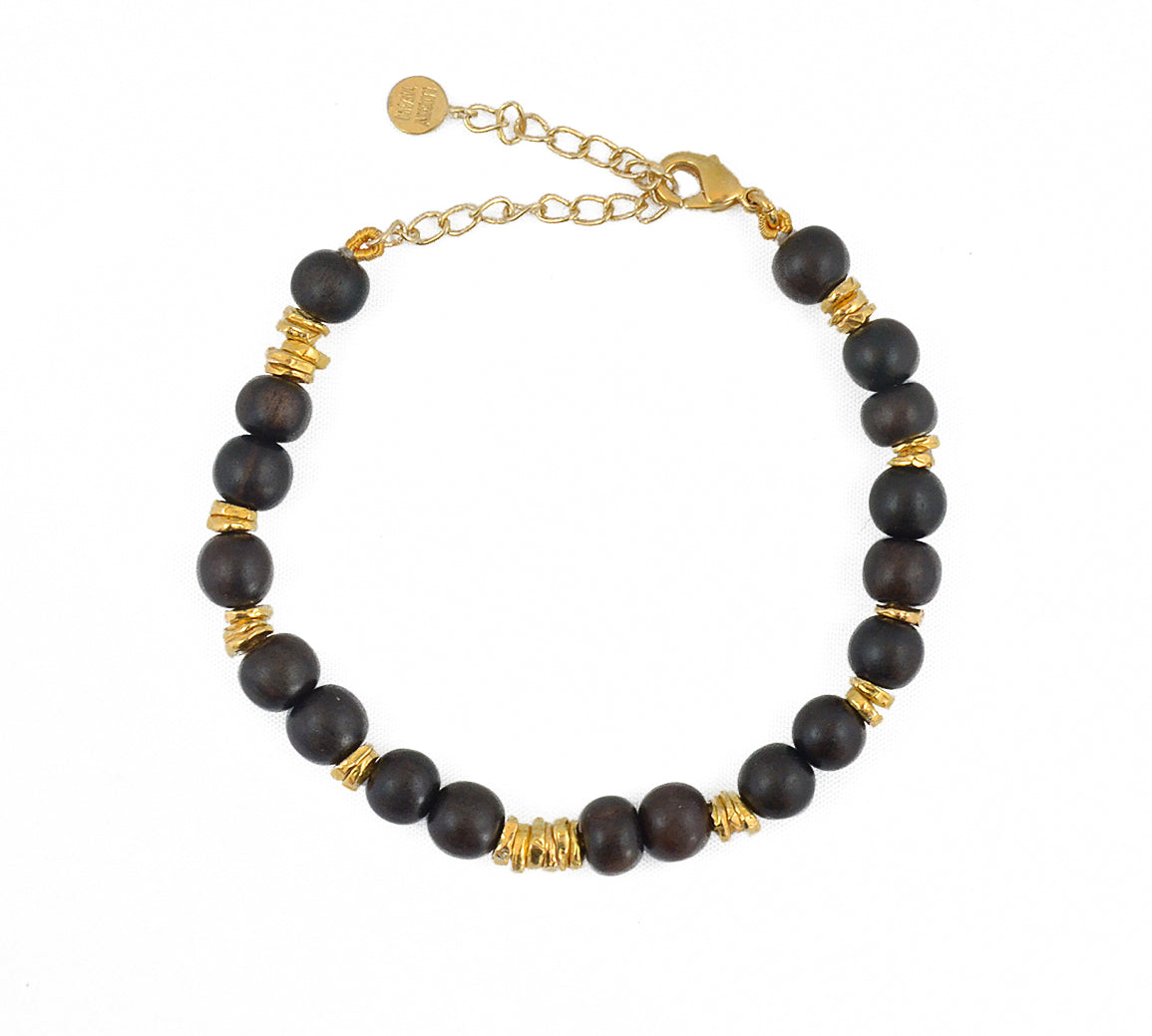 Bracelet perles bois noir et disques dorés