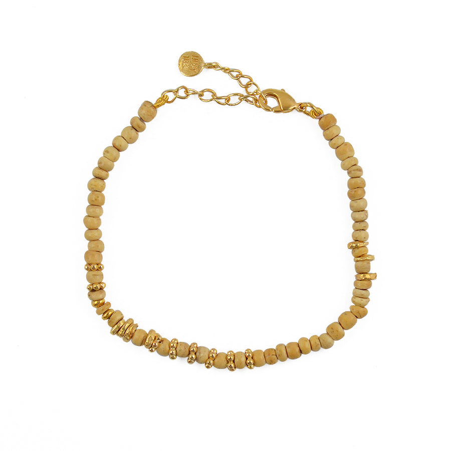 Bracelet perles fines en bois et disques dorés