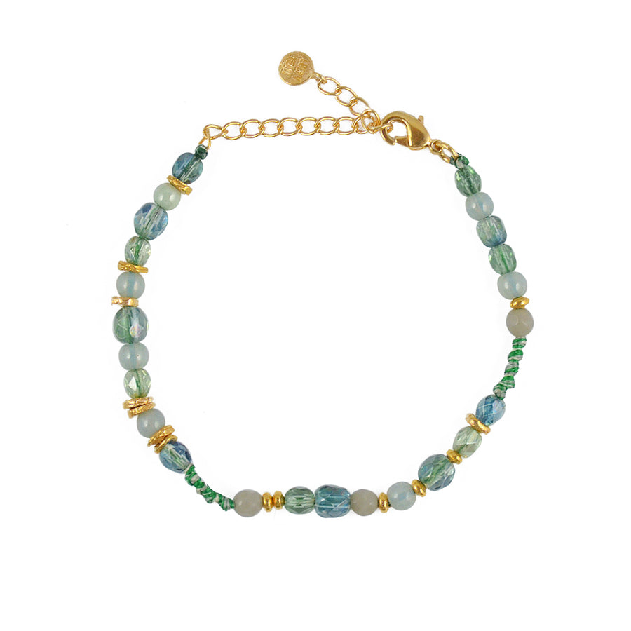Bracelet mix perles disques dorés et noeuds - VERT FONCÉ