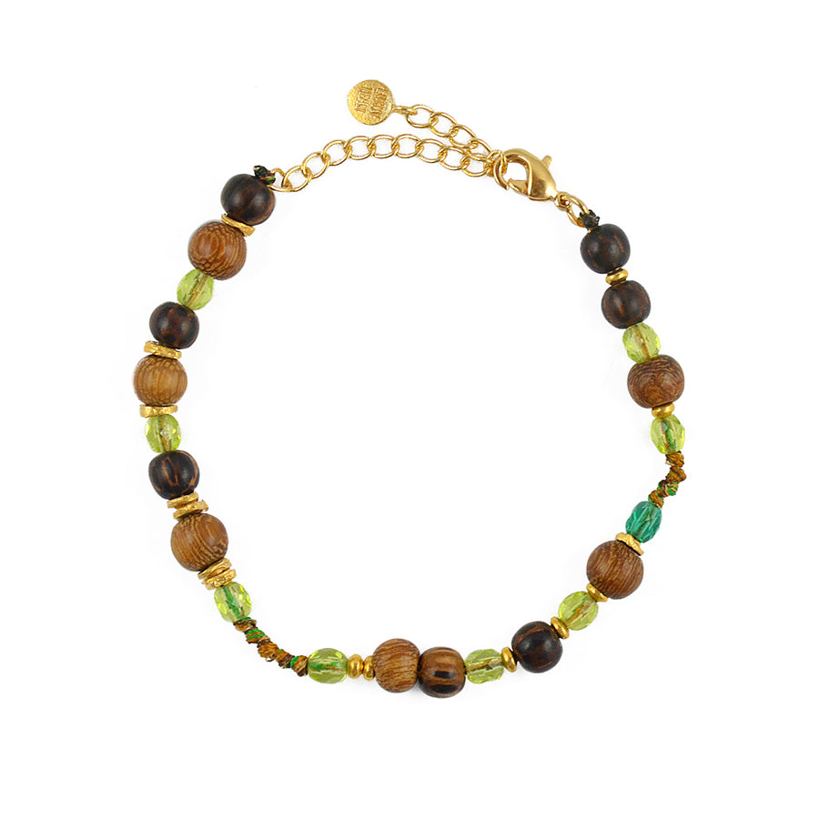Bracelet mix perles disques dorés et noeuds - BOIS & VERT